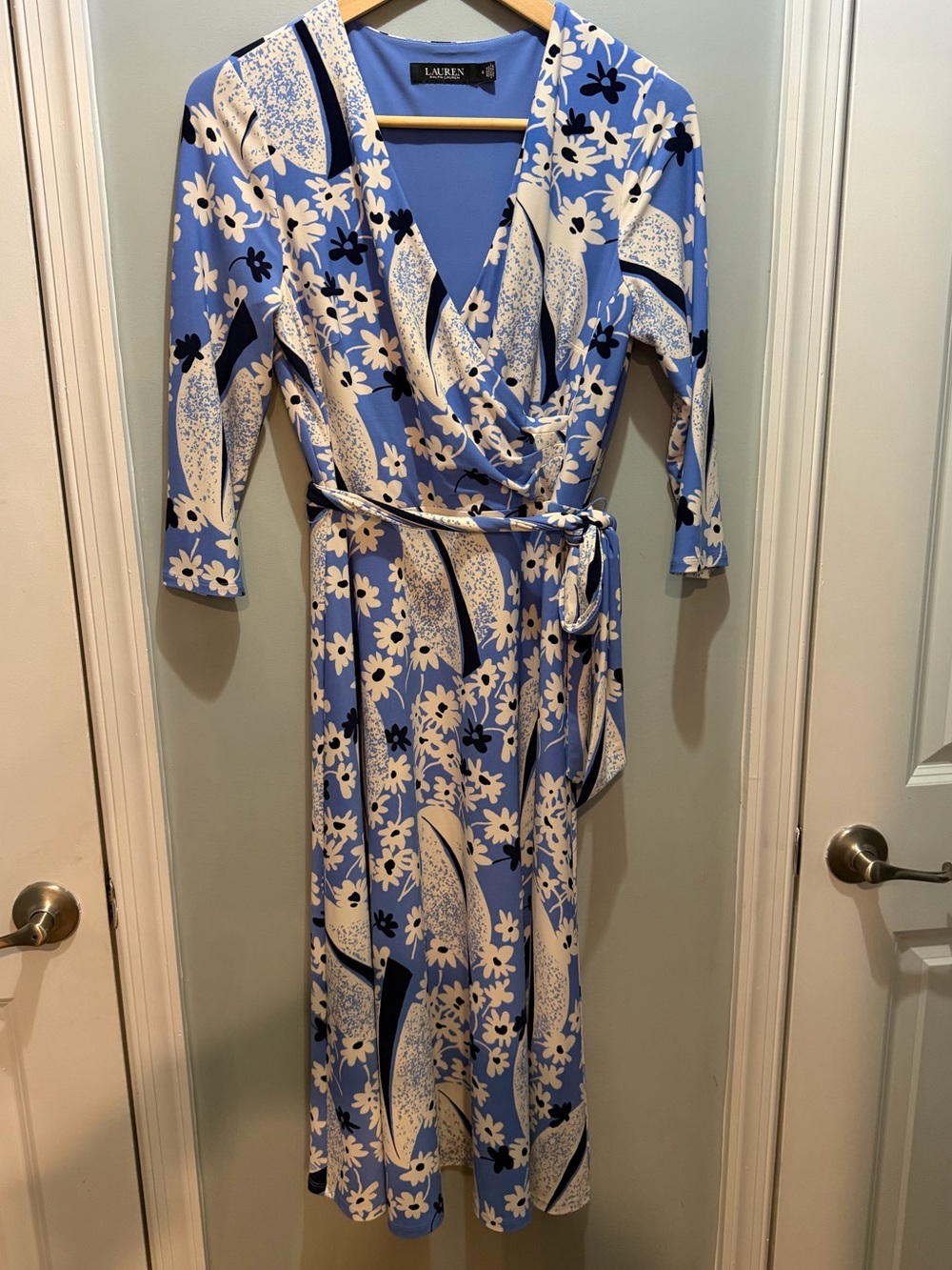 Ralph Lauren Sky Blue & White Floral Wrap Midi Floral Surplus Jersey Dress